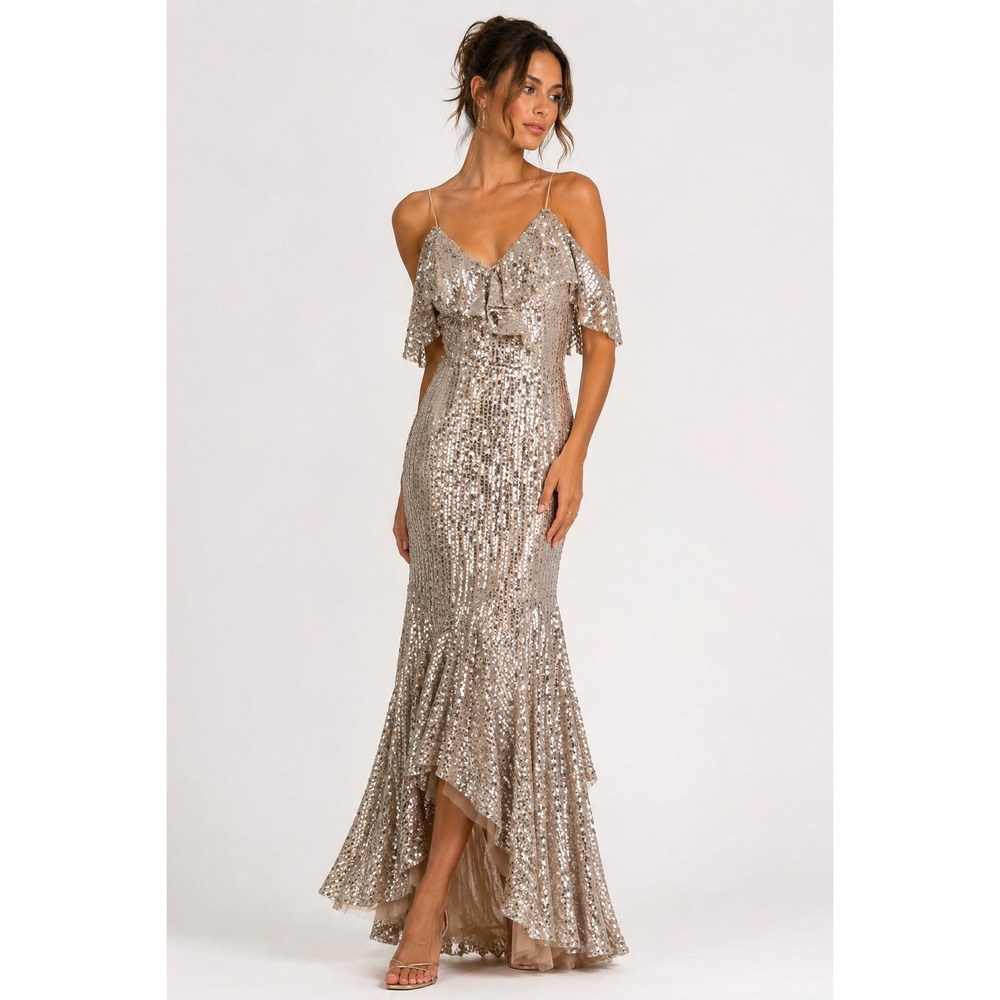 Laundry by Shelli Segal Champagne Sequin Off Shoulder Maxi Gown Dress Sz 2